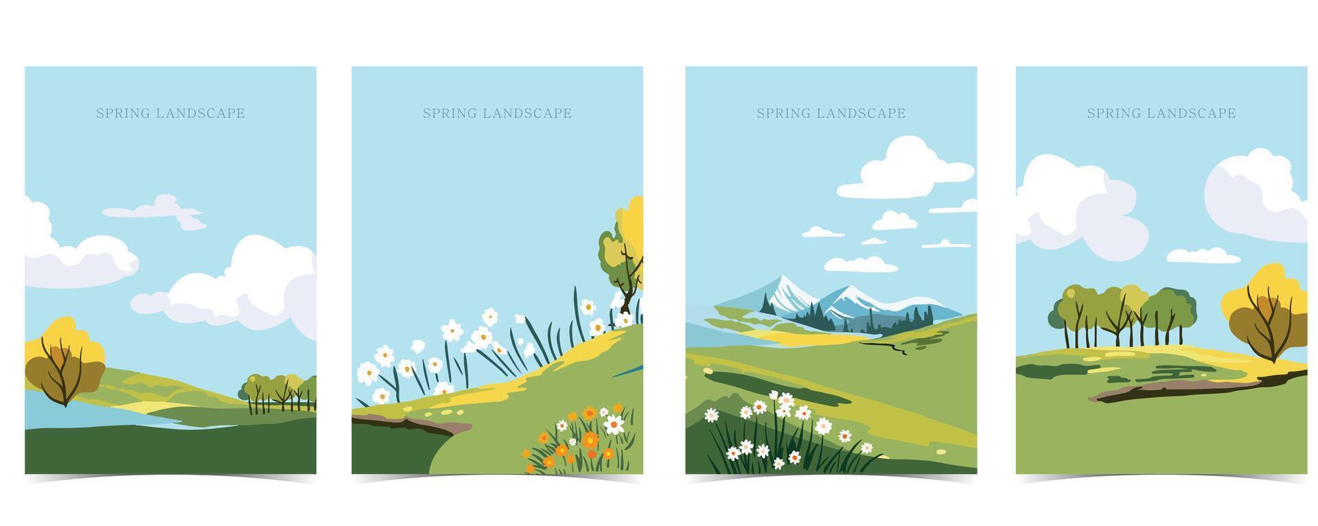 primavera paisaje antecedentes con montaña y árbol editable vector ilustración para postal, a4 vertical Talla