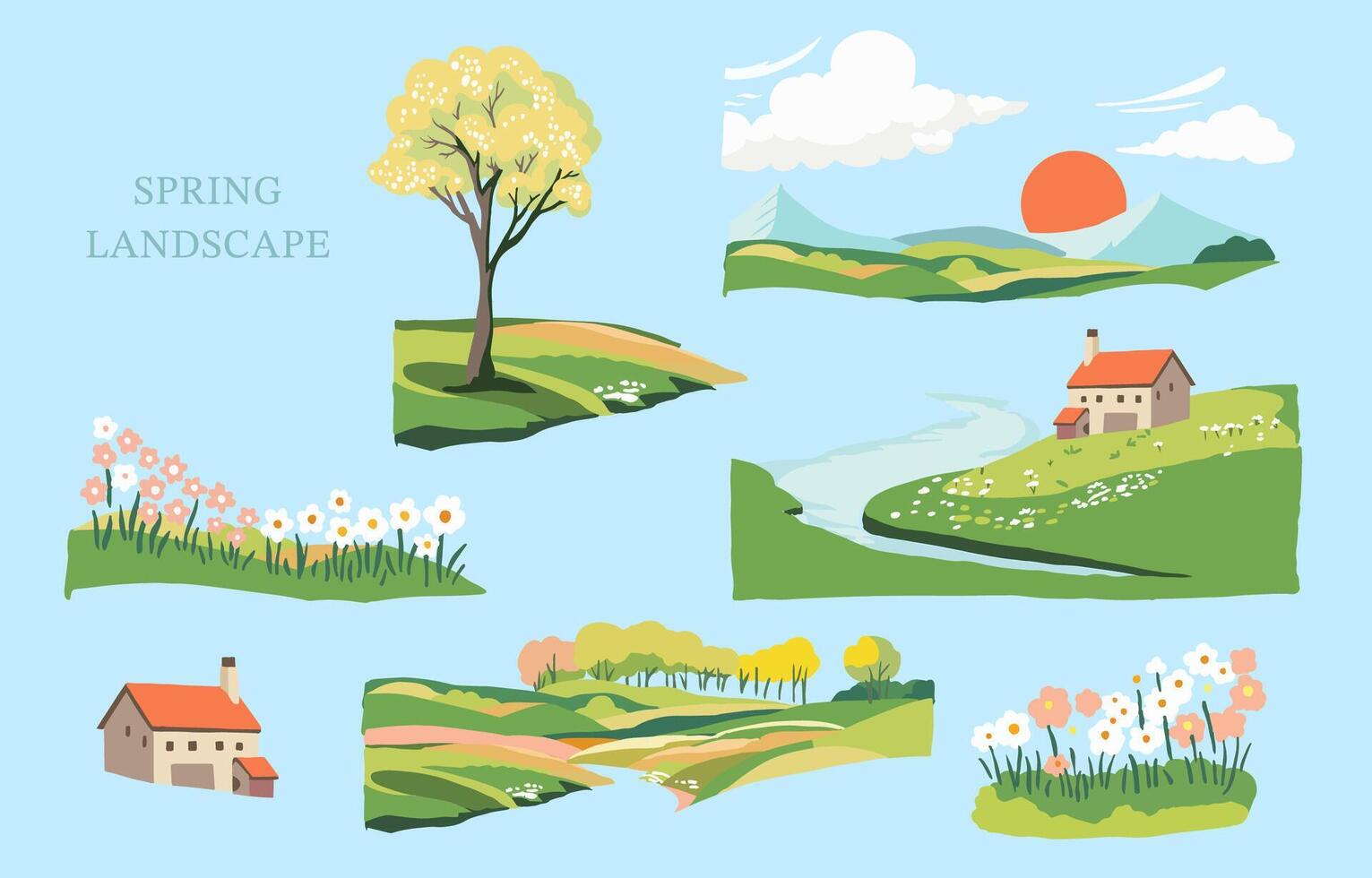 primavera paisaje elemento conjunto con montaña y árbol editable vector ilustración para gráfico diseño