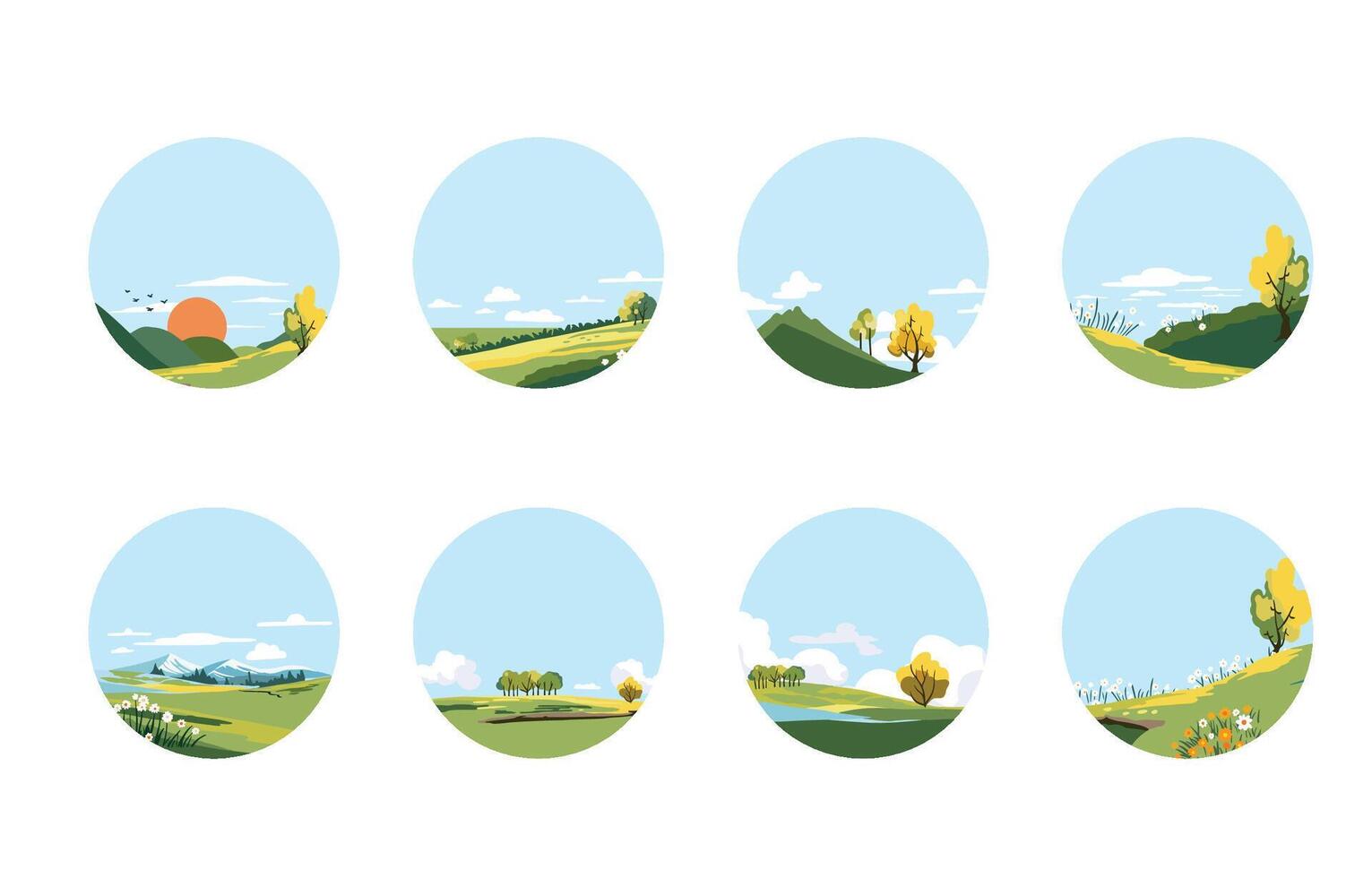 Spring landscape circle element set with mountain and tree Editable vector illustration for hilight social media