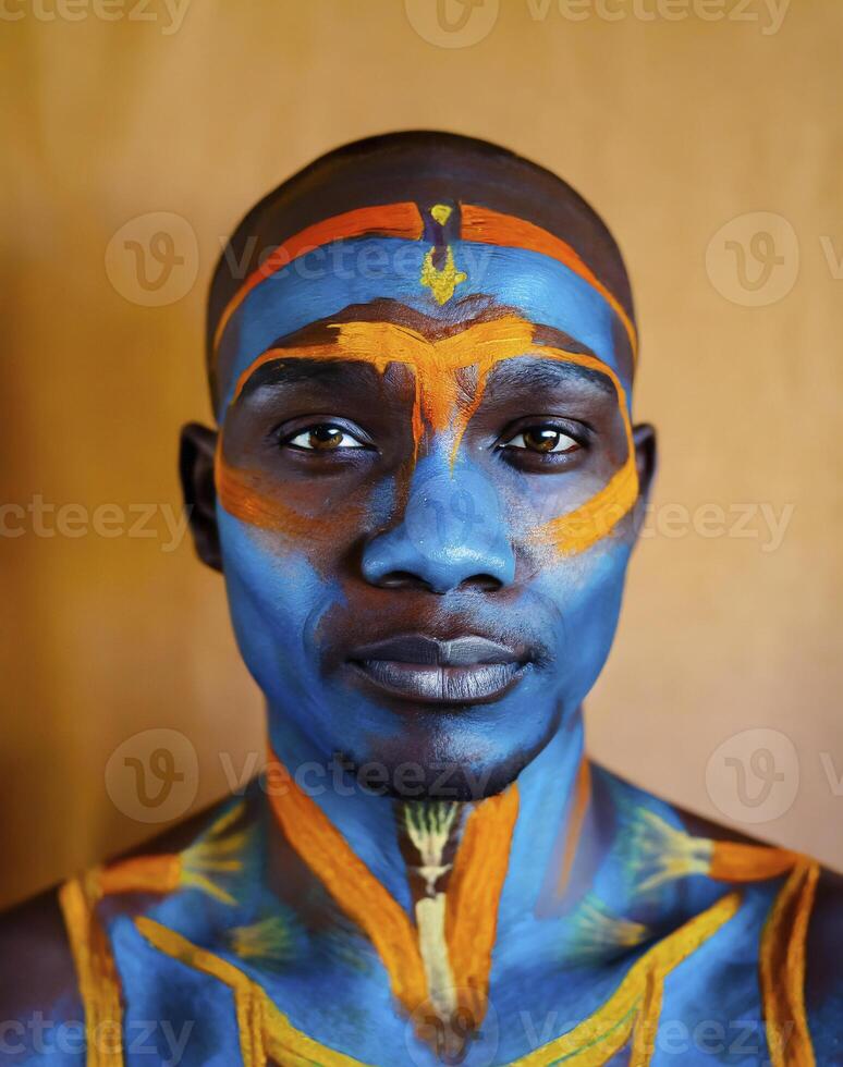 AI generated portrait diversity of African with painted face in indigenous culture photo