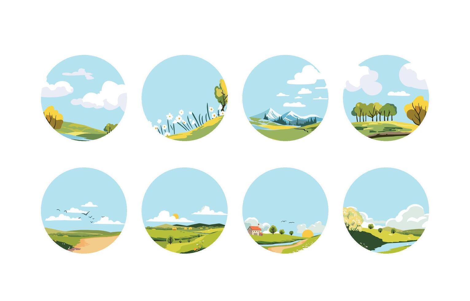 Spring landscape circle element set with mountain and tree Editable vector illustration for hilight social media