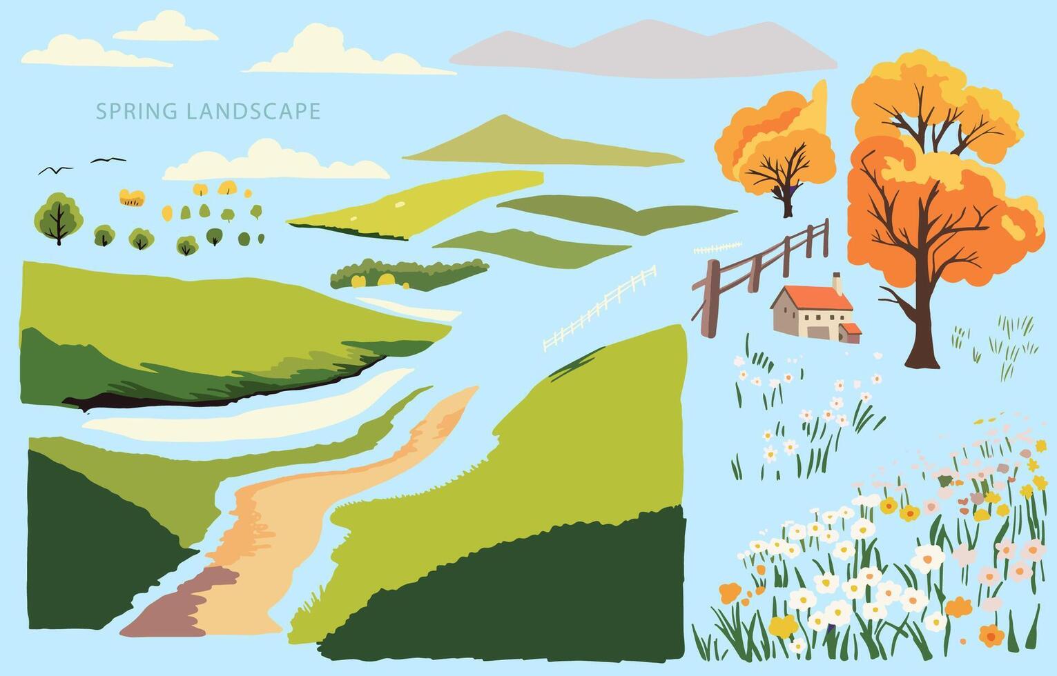 primavera paisaje elemento conjunto con montaña y árbol editable vector ilustración para gráfico diseño