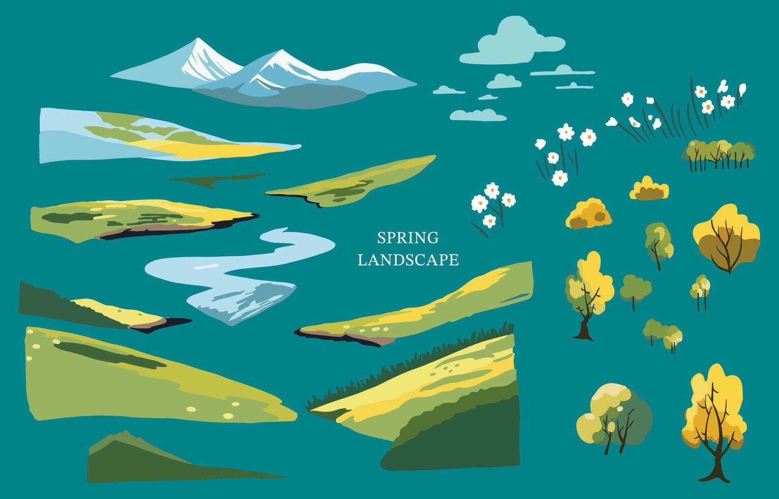 Spring landscape element set with mountain and tree Editable vector illustration for graphic dedsign