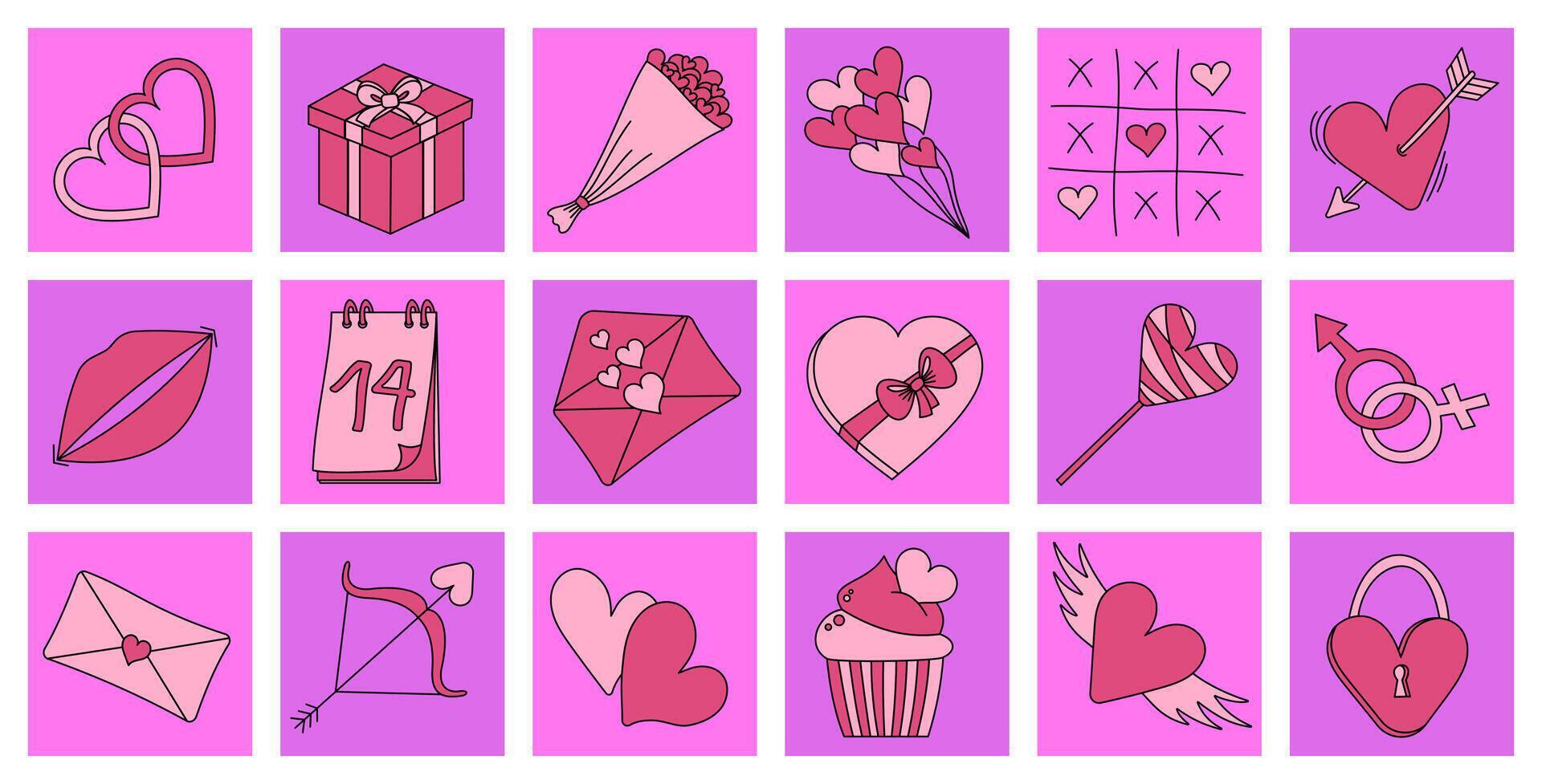 Valentines stickers for Valentine's Day. Hand drawn set of valentines. Vector illustration