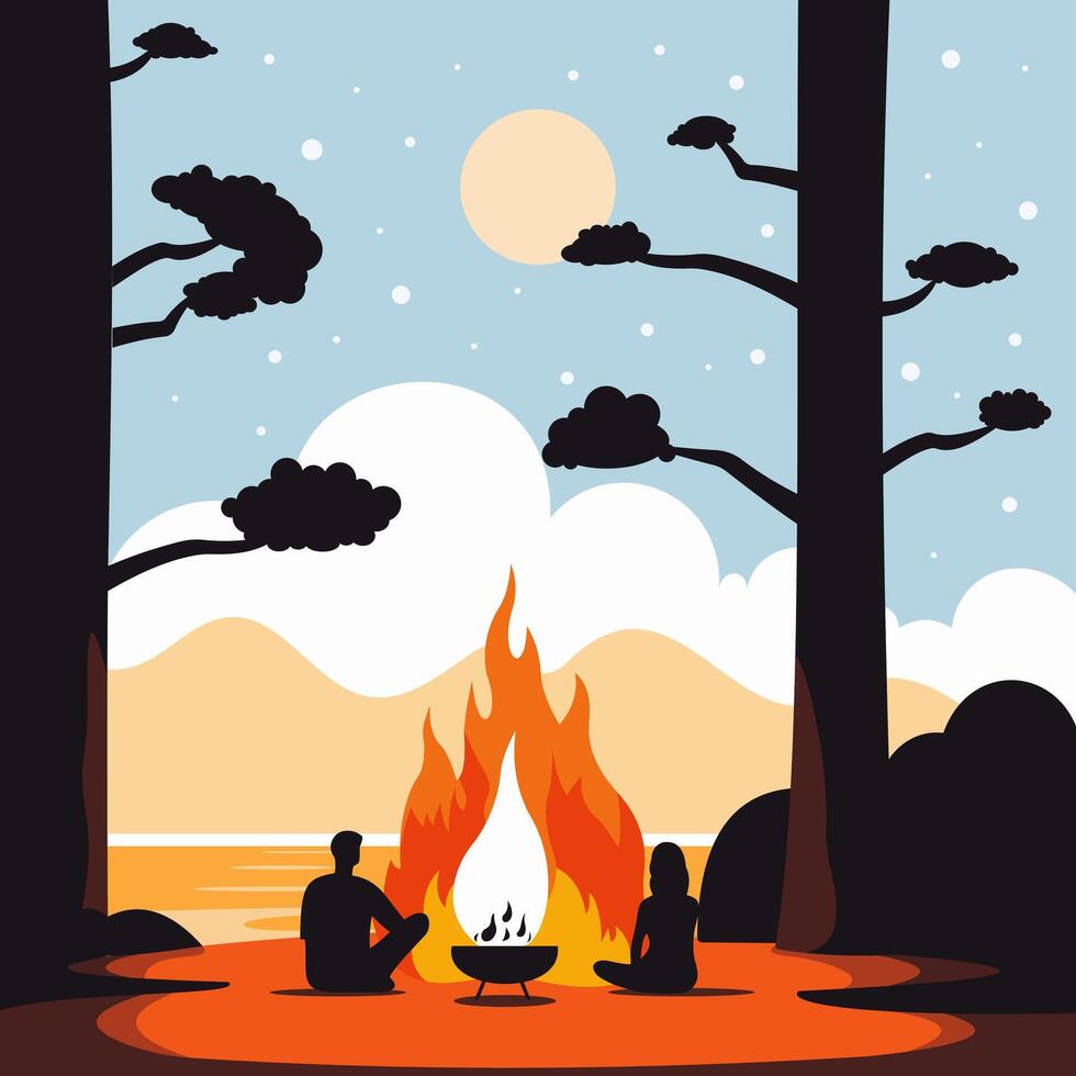 A woman and a man sitting around a campfire. Vacation and traveling. Flat vector illustration