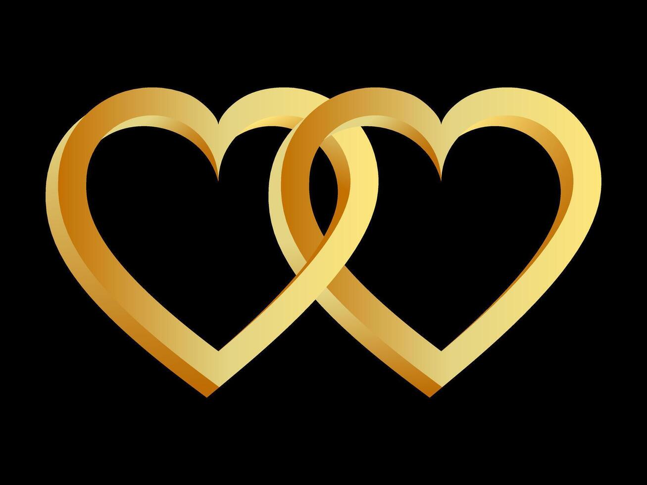 Two golden hearts linked together on a black background. Design element. Vector illustration