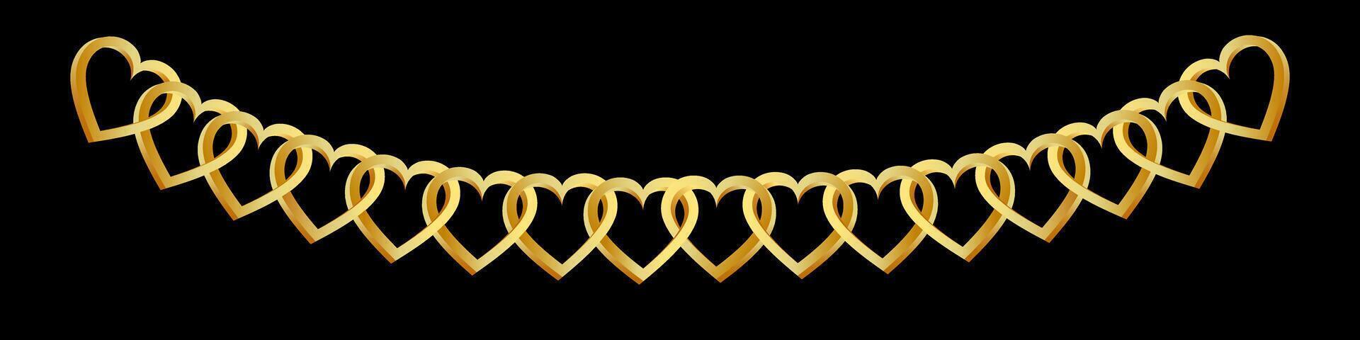 Golden hearts linked together on a black background. Design element. Vector illustration