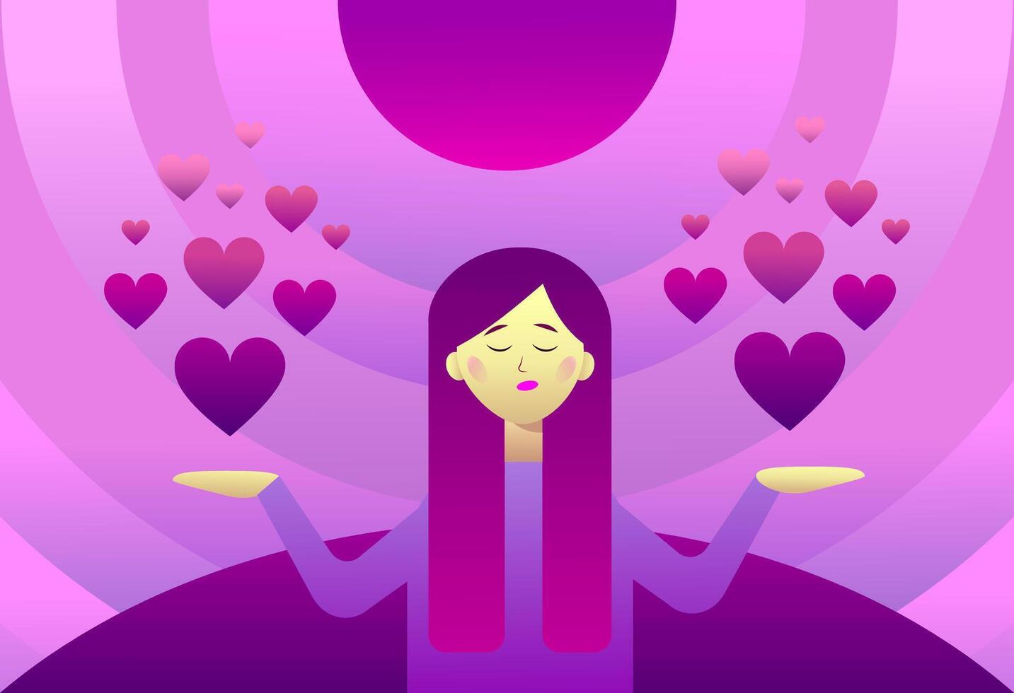 un niña con púrpura pelo sostiene corazones en su manos. vector ilustración.