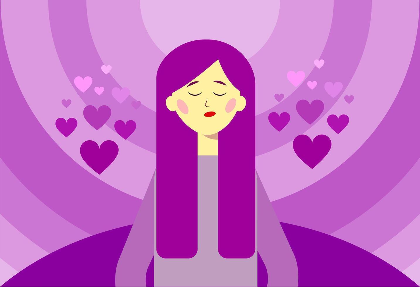 niña con púrpura pelo con corazones alrededor. plano vector ilustración