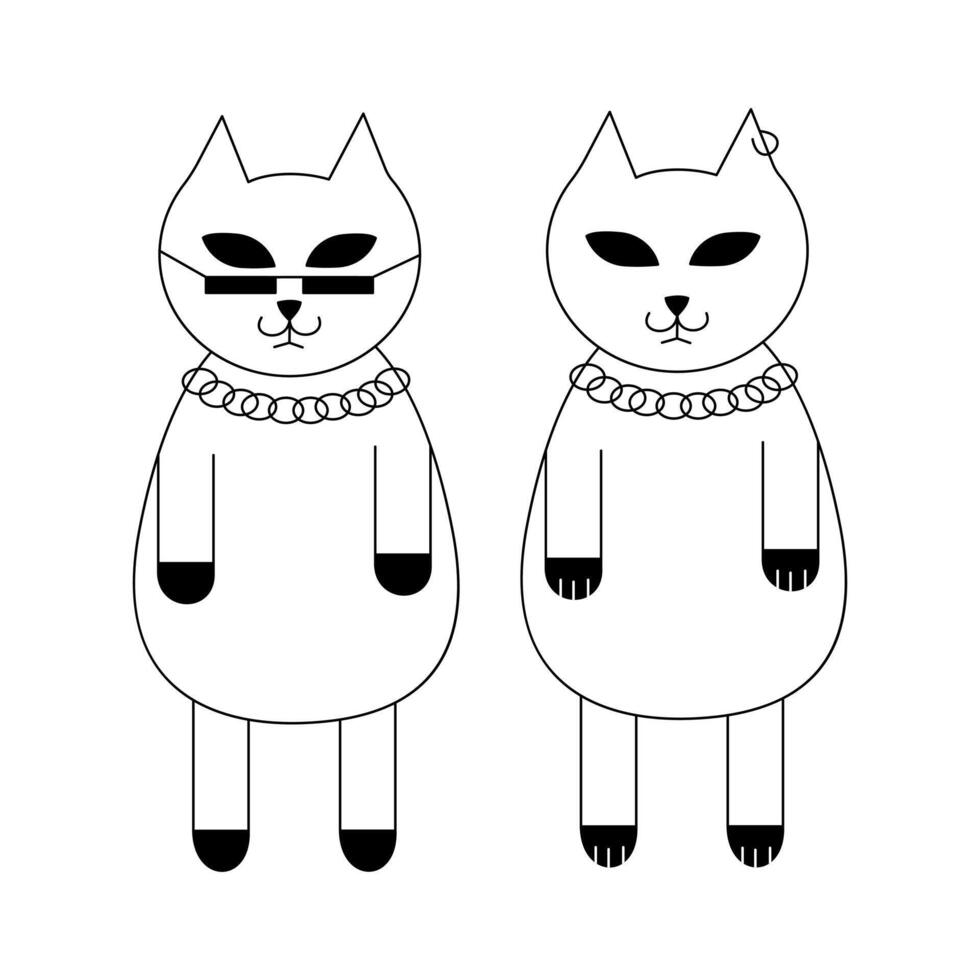 Two cool cats are standing with glasses, a chain and an earring. Tattoo. Design element. Black and white line art vector illustration