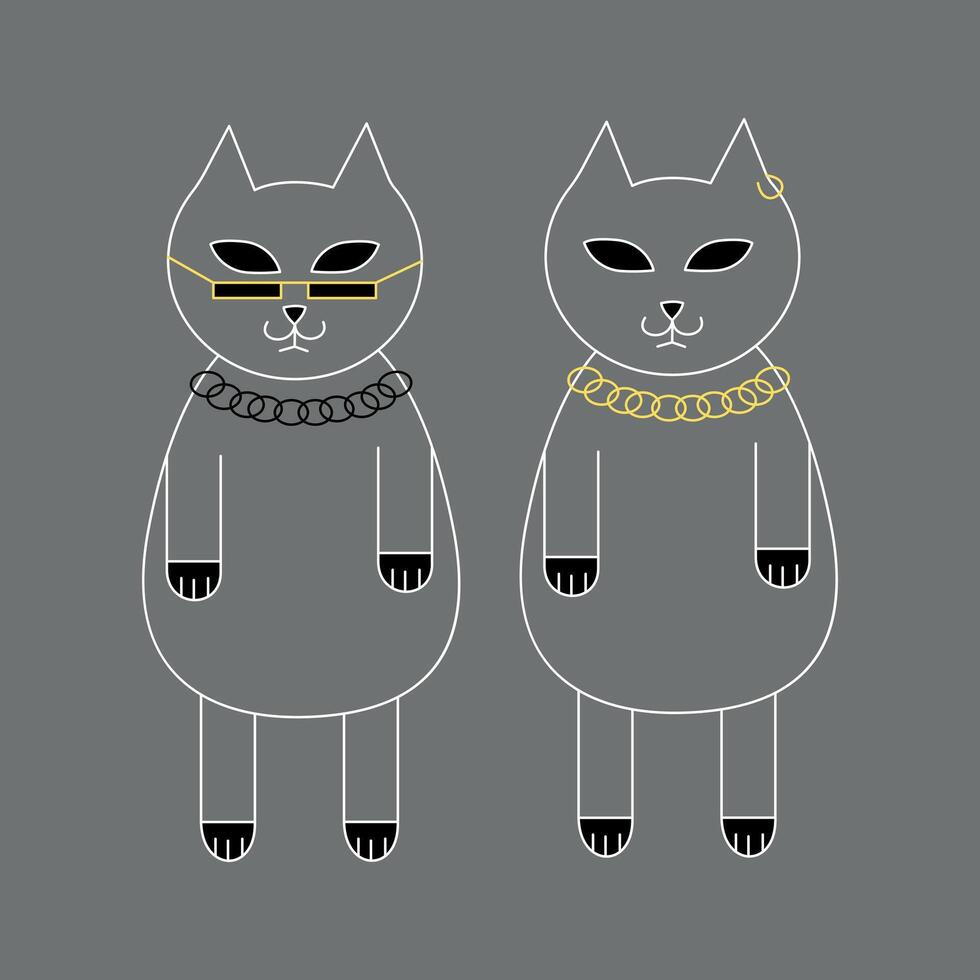 Two cool cats are standing with glasses, a chain and an earring. Tattoo. Design element. Line art vector illustration