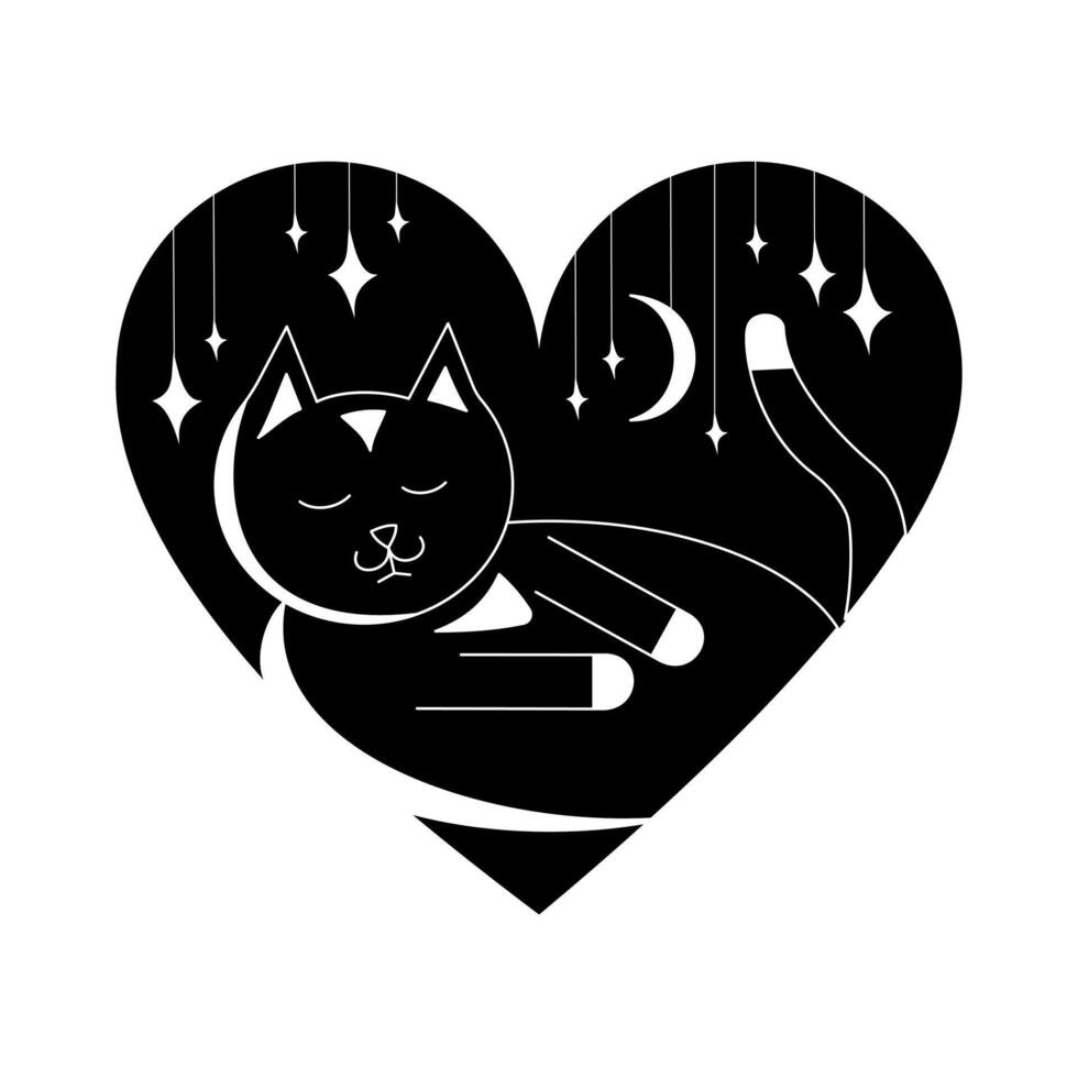 Black and white illustration of a sleeping cat inside a heart. Sweet dreams. Design element. Tattoo. Minimalistic vector illustration