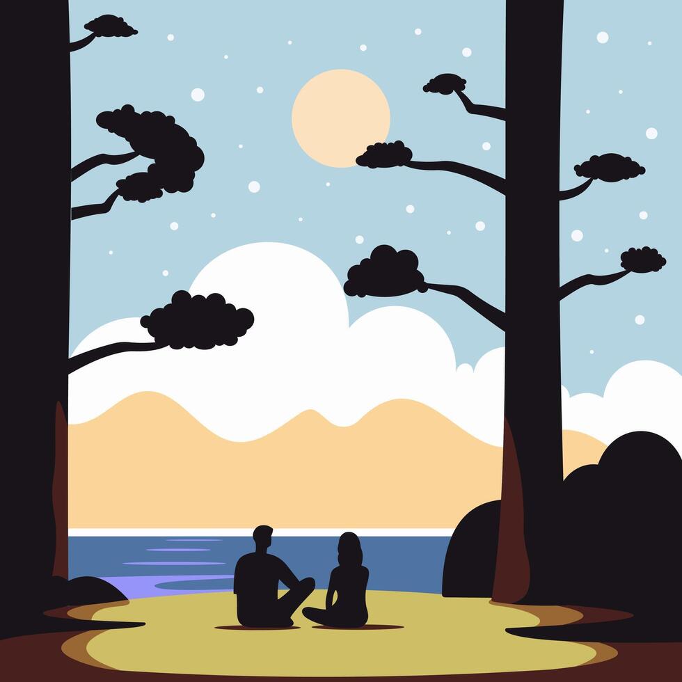 A man and a woman are sitting by the river. Nature landscape. Flat vector illustration