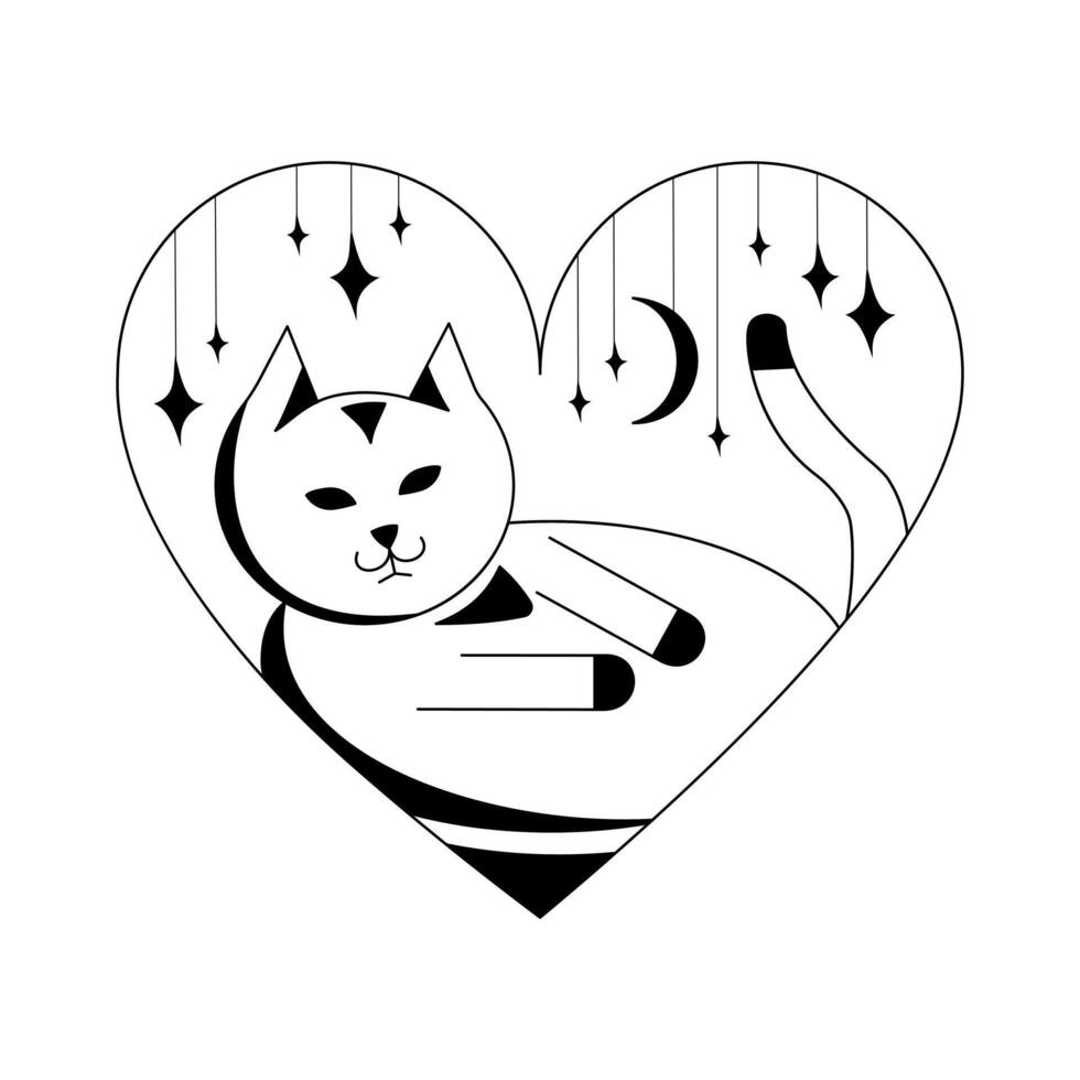 Black and white illustration of a cat inside a heart. Sweet dreams. Design element. Tattoo. Minimalistic vector illustration