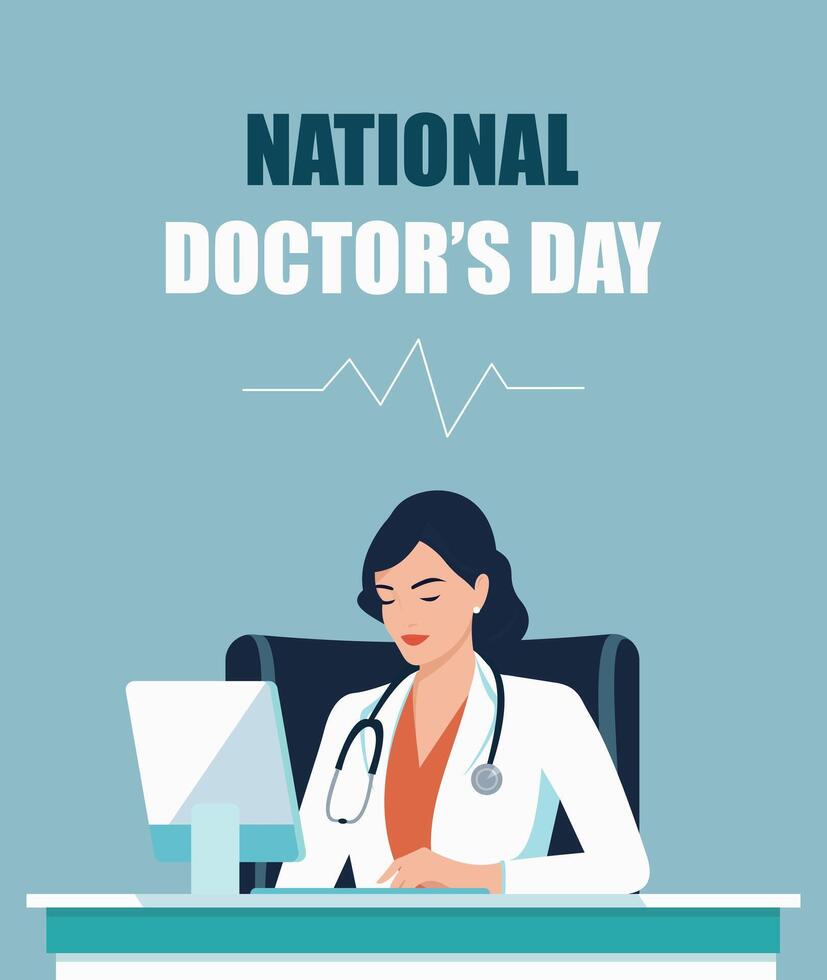 National Doctor's Day. Greeting card with a female medic. Flat vector illustration.