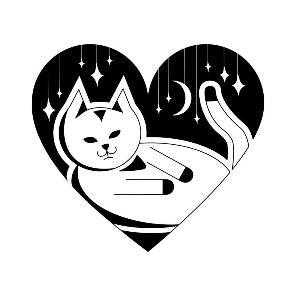 Black and white illustration of a cat inside a heart. Sweet dreams. Design element. Tattoo. Minimalistic vector illustration