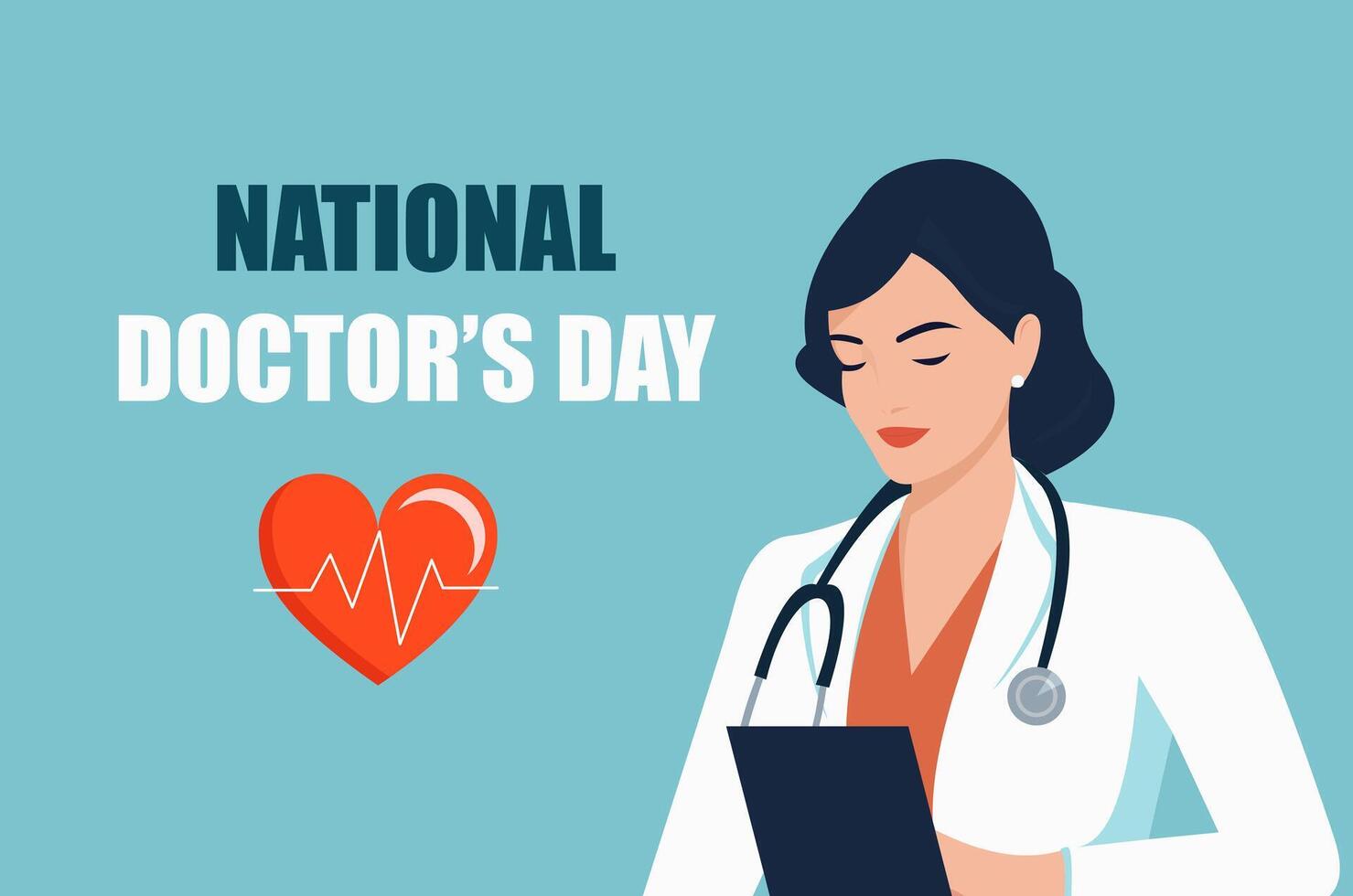 National Doctor's Day. Greeting card with a female medic. Flat vector illustration.