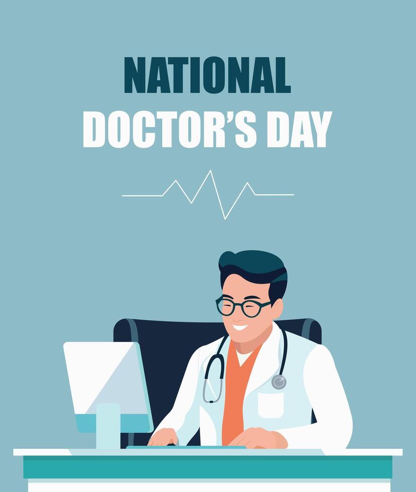 nacional del doctor día. saludo tarjeta con un masculino médico. plano vector ilustración.