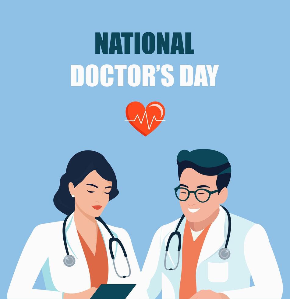 nacional del doctor día. saludo tarjeta con un masculino médico y un hembra médico. plano vector ilustración.