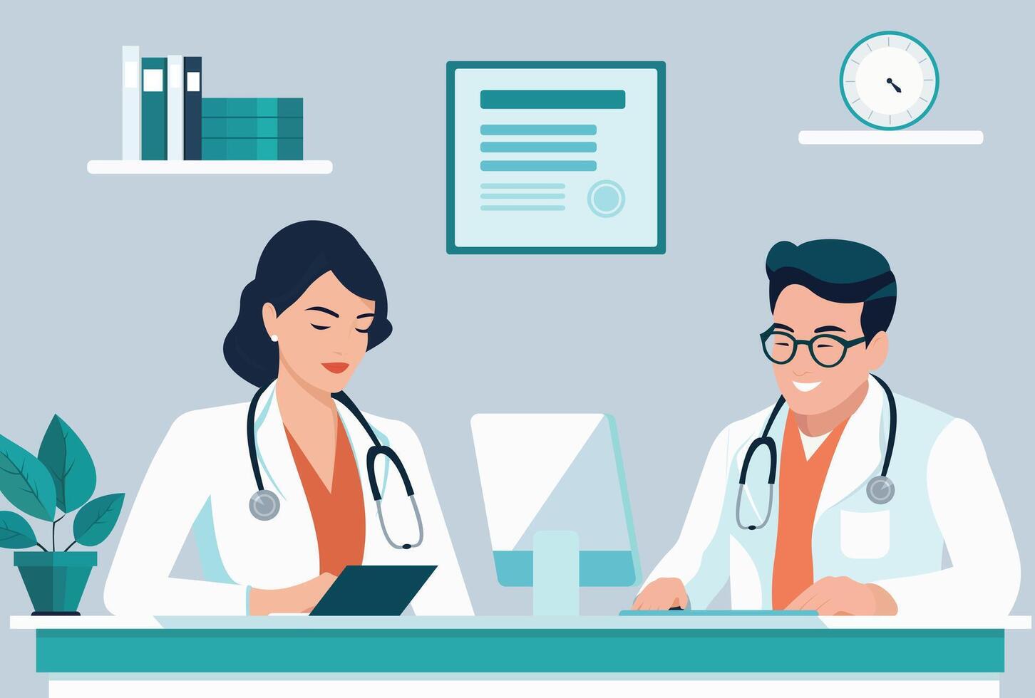 Female doctor and male doctor in the hospital. Medicine concept illustration vector