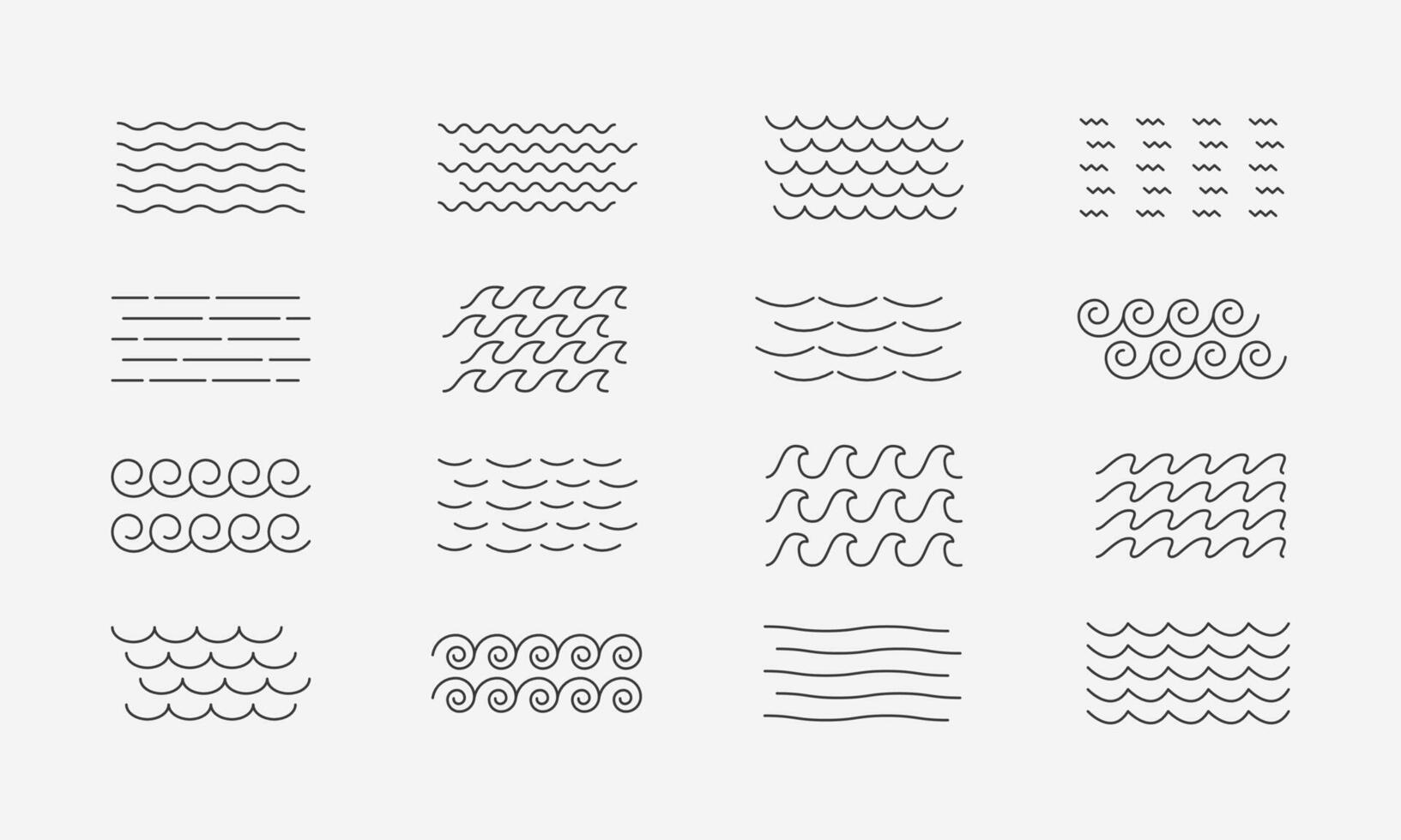 Hand drawn sea or river waves, pattern line set. Blue curvy thin line, sketch. Vector illustration