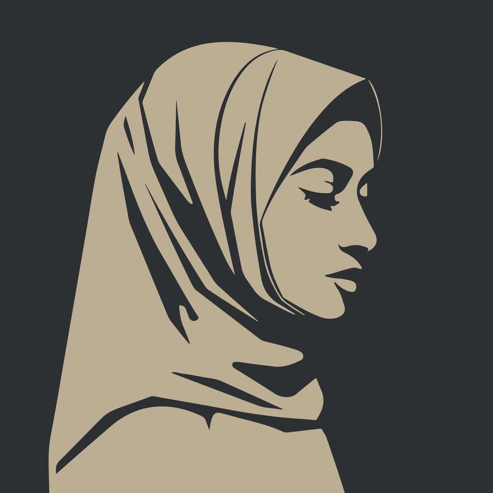 Muslim woman portrait. Profile silhouette of Middle East lady in traditional dress. Arab ethnic girl. Vector illustration on black background