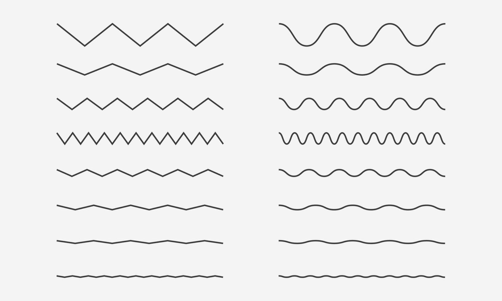 Wave zigzag lines set. Underlines, smooth end squiggly horizontal, squiggles. Vector illustration