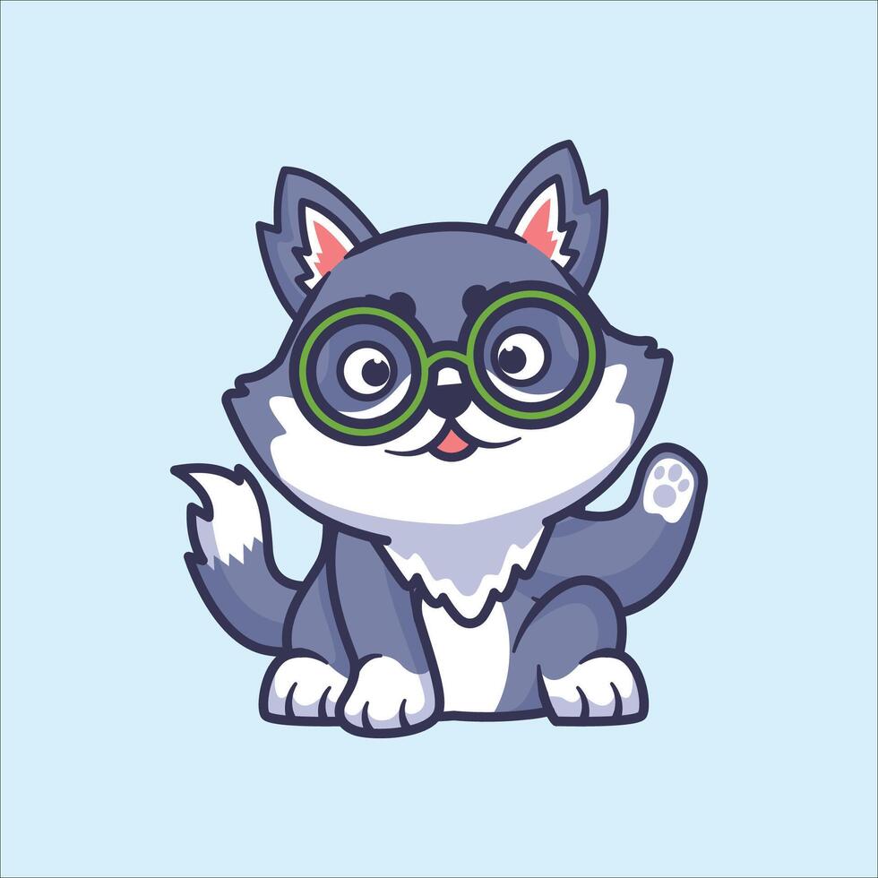 Cute wolf wearing glasses with waving paws cartoon icon vector illustration