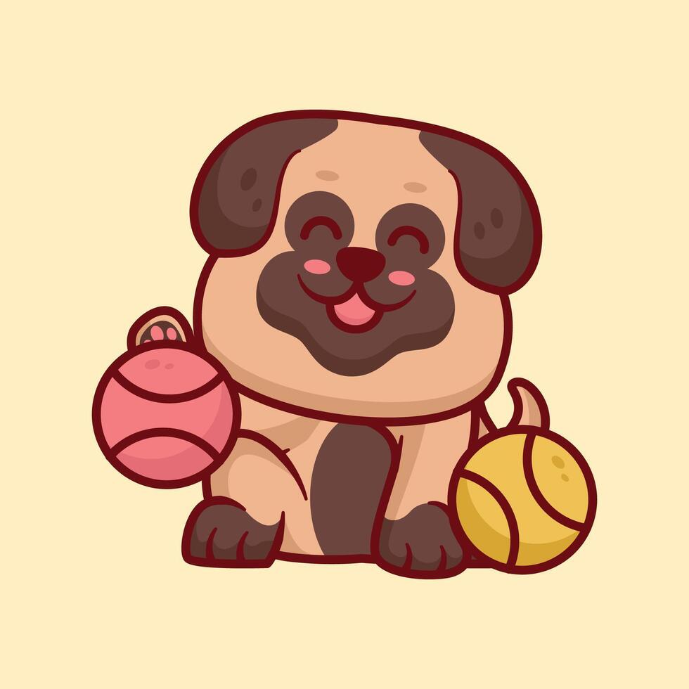 Bulldog puppies playing balls cartoon animal illustration vector