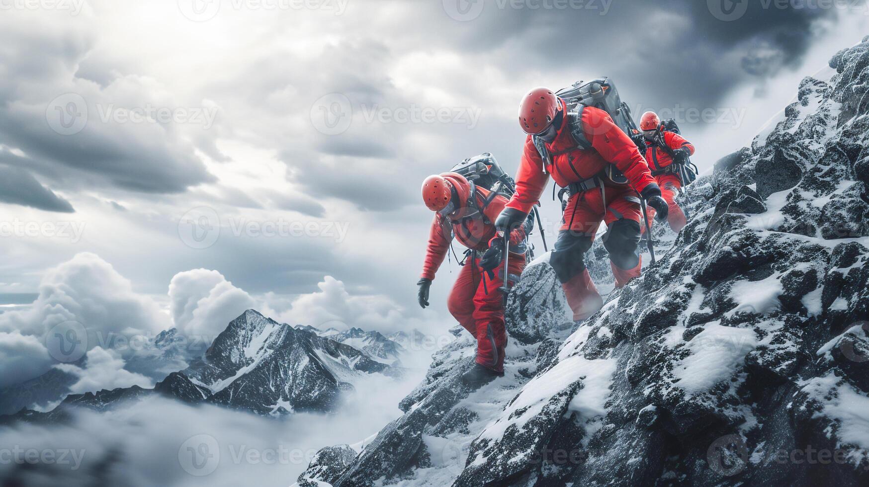 AI generated Mountain rescue team in rescue operation .Searching for missing person ,help injured people . photo