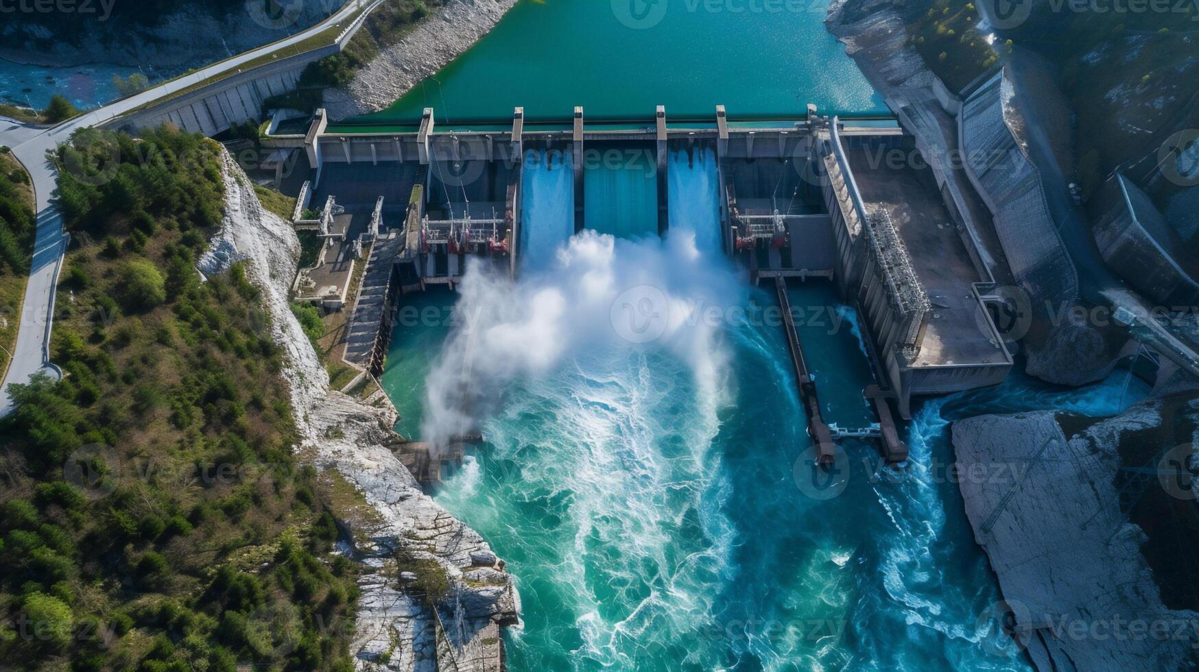 AI generated beautiful aerial view of huge dam ,Hydroelectric Power in Nature generate electricity . photo