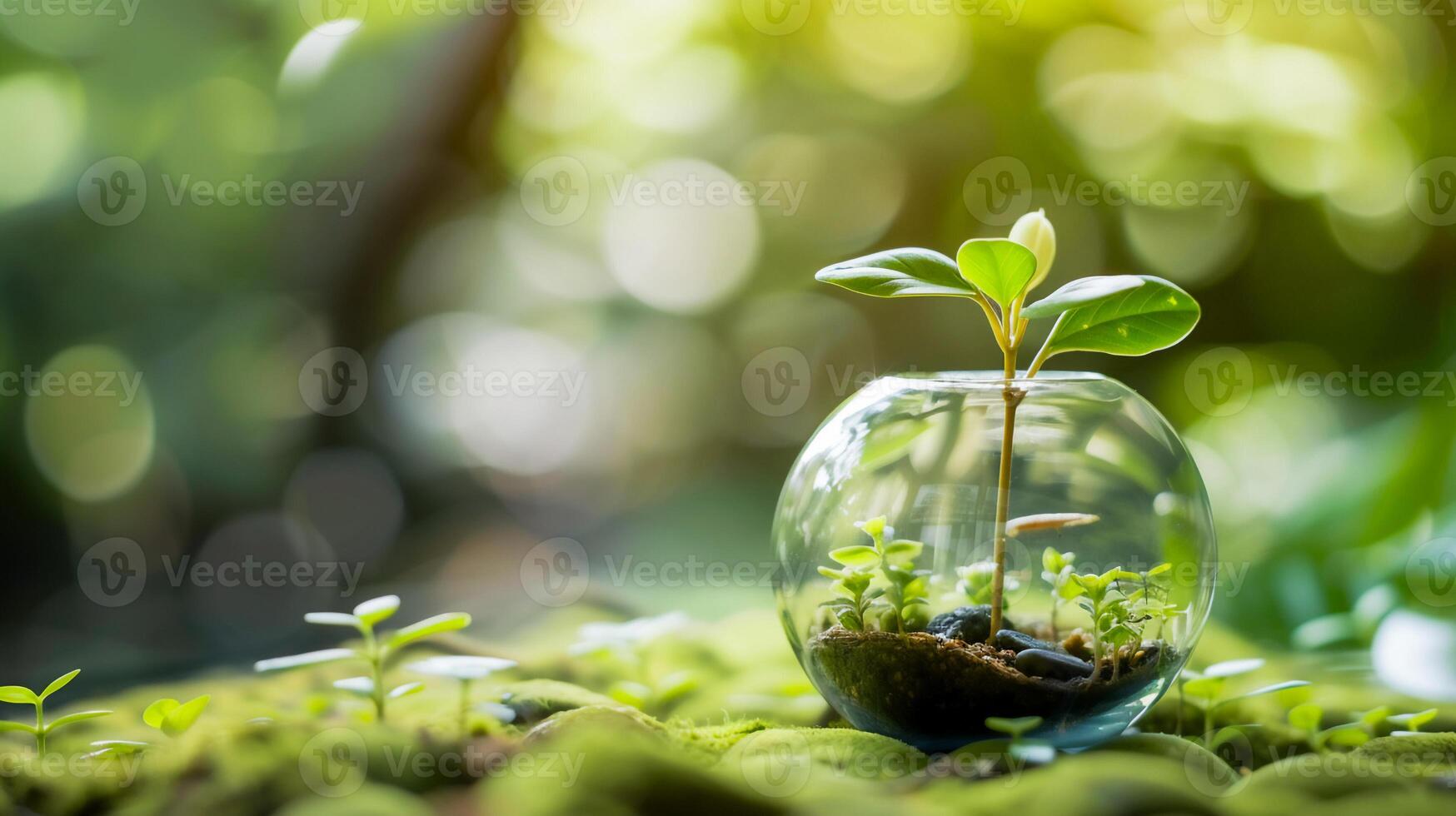 AI generated abstract background of nature green plant inside glass bottle . photo