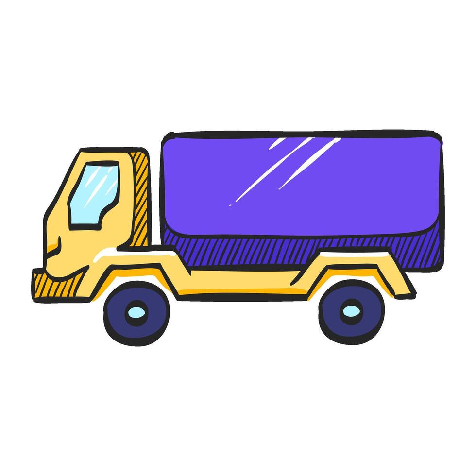 Military truck icon in hand drawn color vector illustration