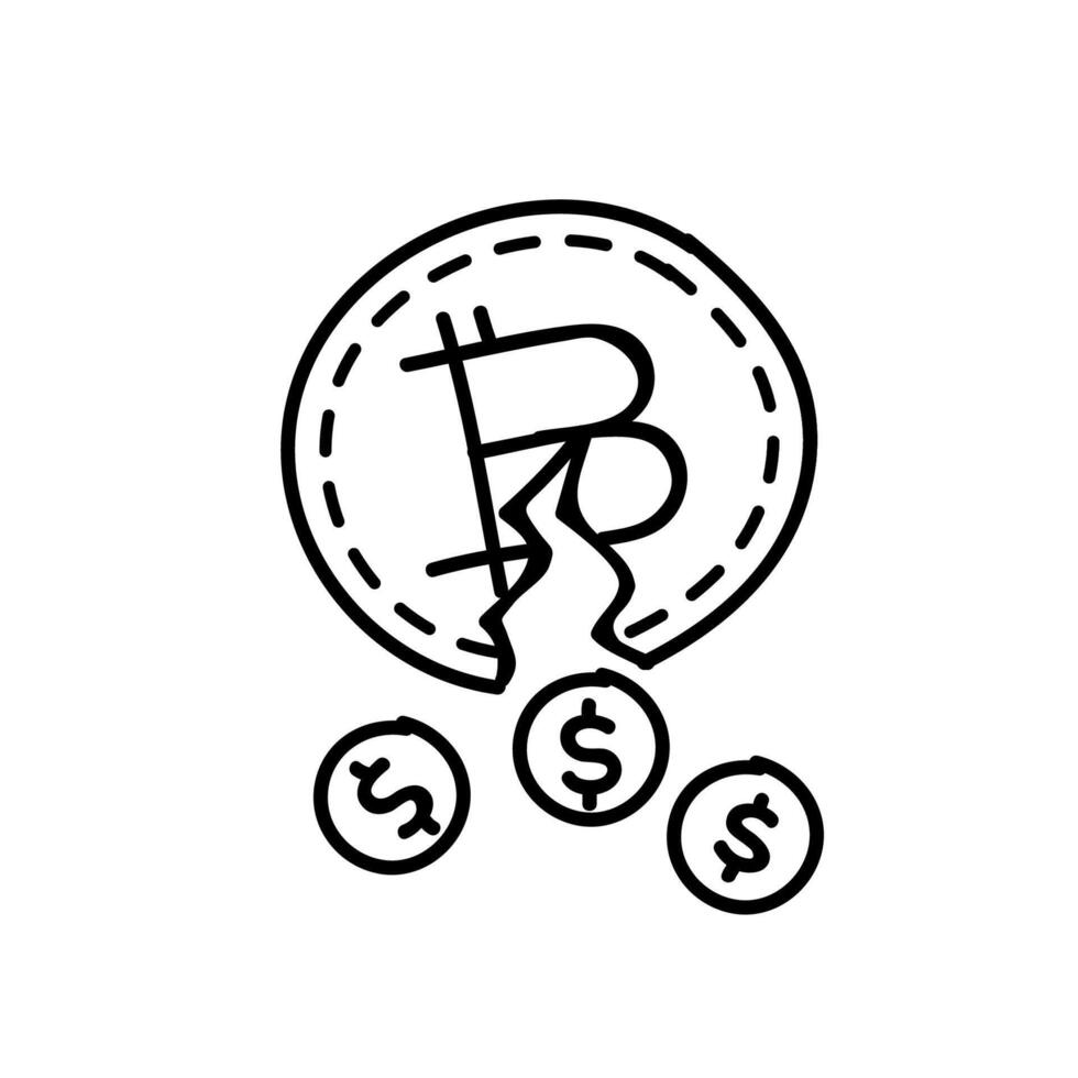 Bitcoin cryptocurerency coin and dollar icon. Hand drawn vector illustration. Editable line stroke.