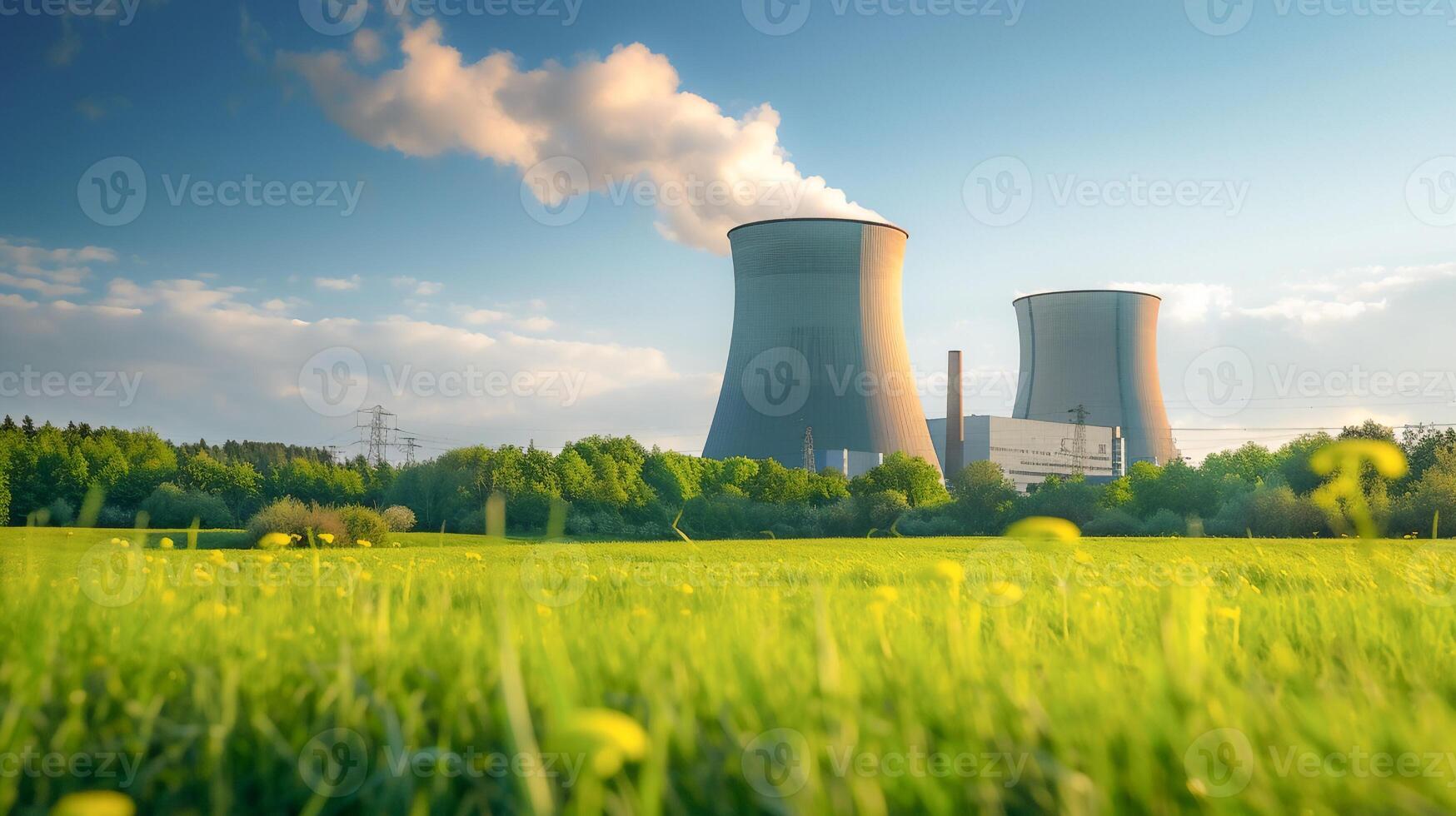 AI generated Nuclear power plant with beautiful green field , Eco-friendly power plant . photo