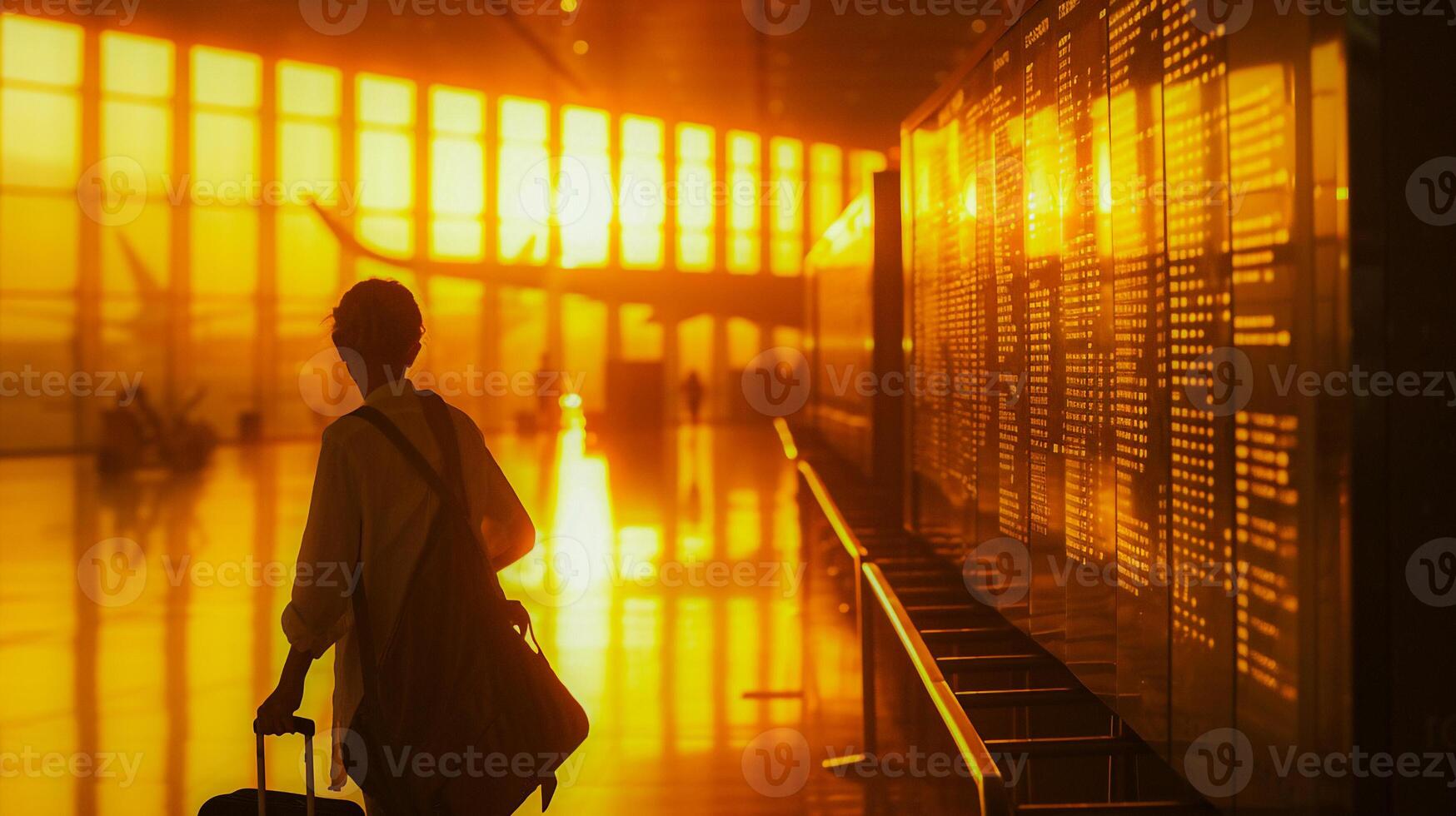 AI generated Silhouette young tourist look at flight information board with golden light at airport . photo