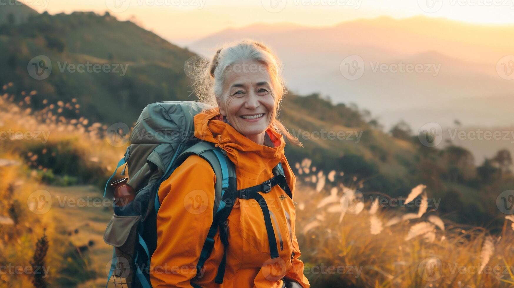 AI generated Happy healthy retired woman trekking with beautiful view with mountain . Happy retirement . photo