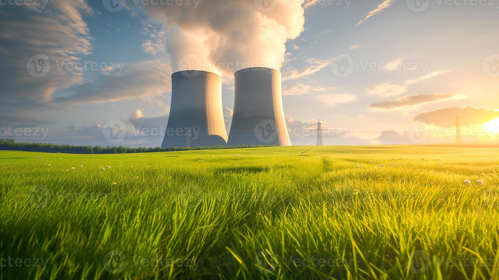 AI generated Nuclear power plant with beautiful green field , Eco-friendly power plant . photo