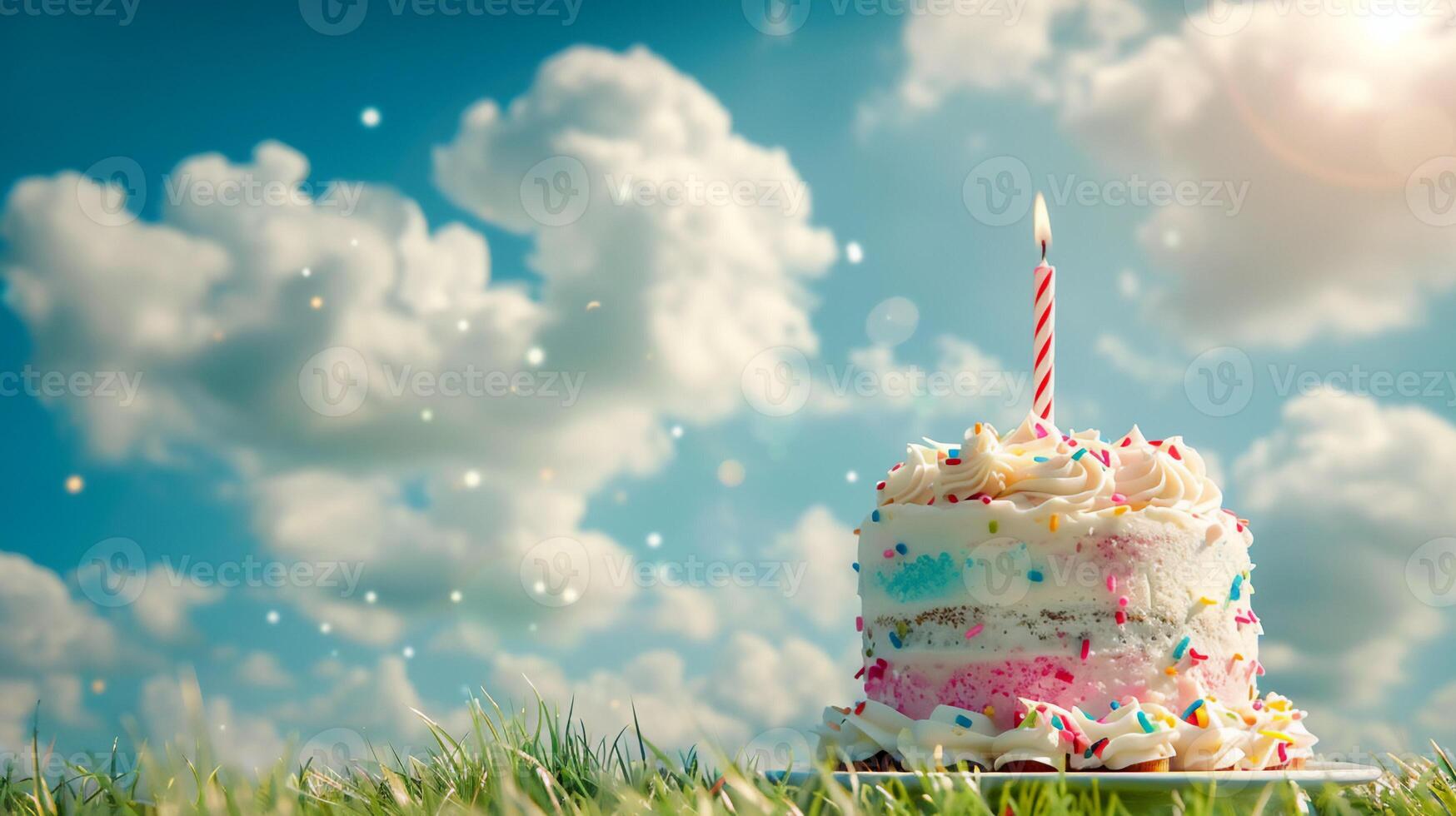 AI generated birthday cake on green field and blue sky . Happy birthday concept . photo