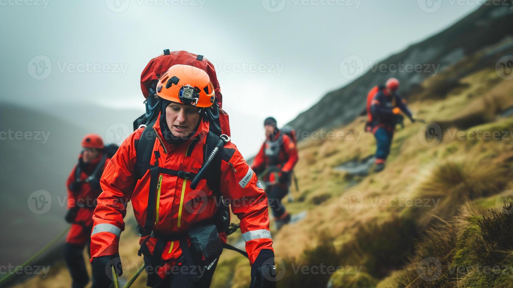 AI generated Mountain rescue team in rescue operation .Searching for missing person ,help injured people . photo