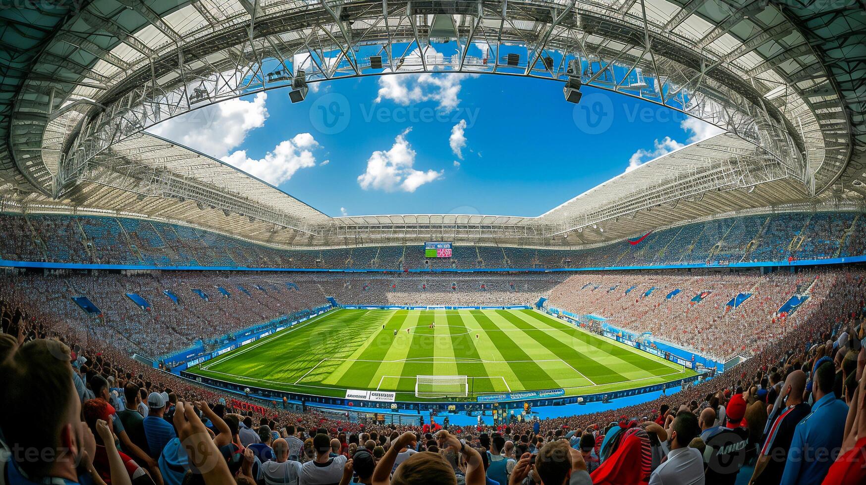 AI generated Wide angle of Sport fans at stadium are cheering for their team . photo