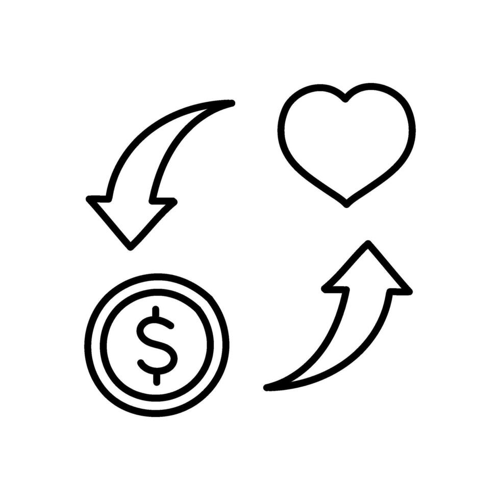Coin and heart shape and rotating arrows icon. Hand drawn vector illustration. Editable line stroke.