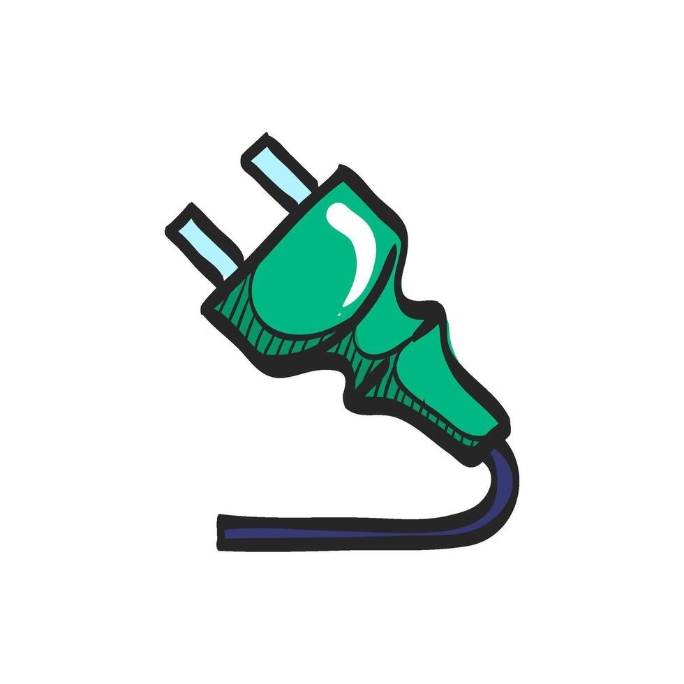 Electric plug icon in hand drawn color vector illustration