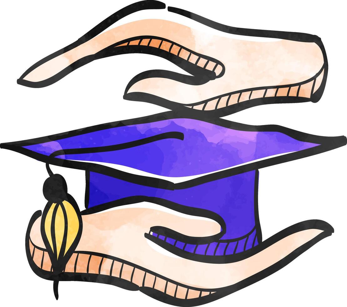 Hand holding diploma icon in color drawing. Education school protection security graduate diploma insurance vector