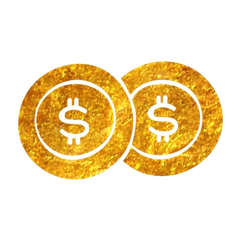 Hand drawn Coin money icon in gold foil texture vector illustration
