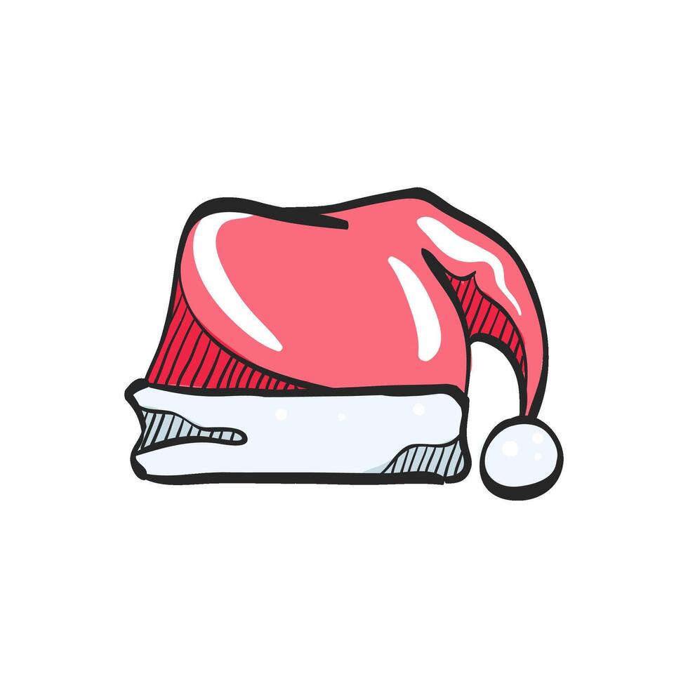 Santa hat icon in hand drawn color vector illustration