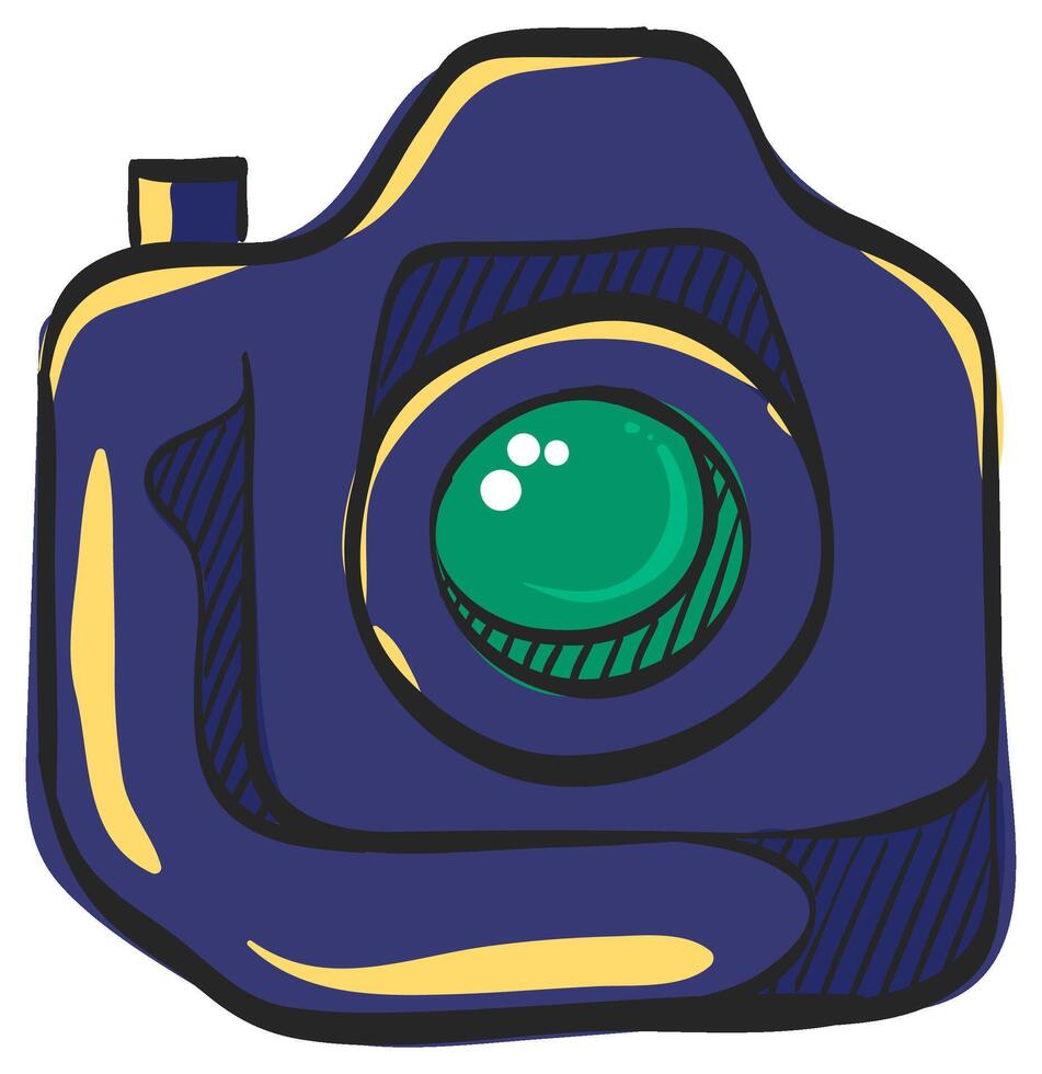 Camera icon in hand drawn color vector illustration