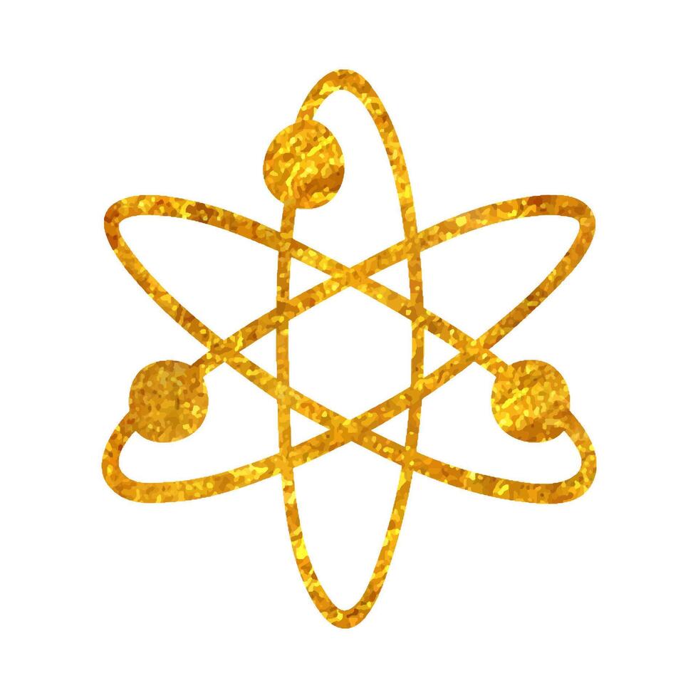 Hand drawn Atom structure icon in gold foil texture vector illustration