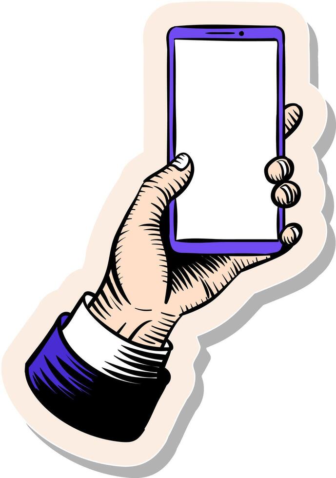 Hand drawn hand holding smart phone template vintage sketch in sticker style vector illustration