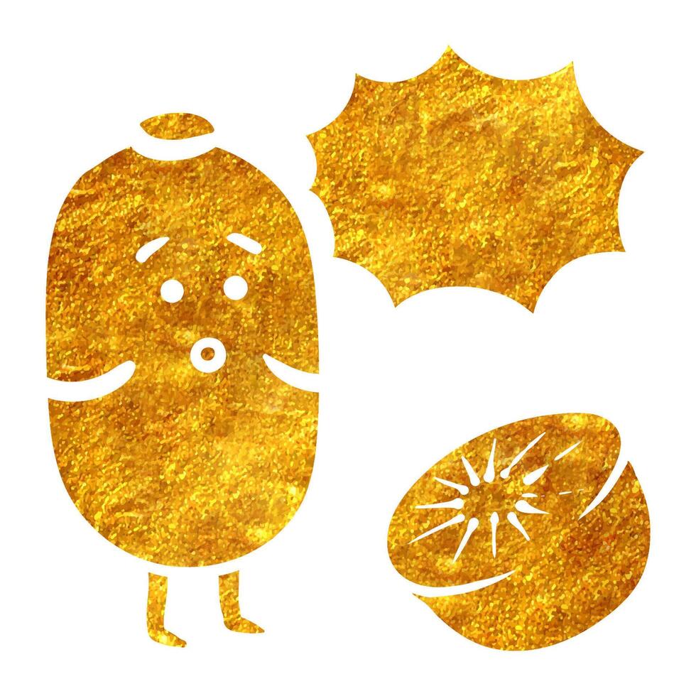 Hand drawn kiwi characters in gold foil texture vector illustration